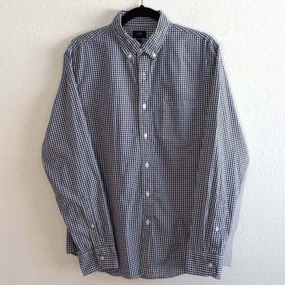 J.Crew Factory Mens Gingham Button Down Shirt Navy Blue White Cotton Size Large